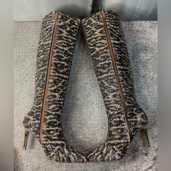 Betsey Johnson Brea Leopard Rhinestone Tall Boots NIB Stiletto Pointed Toe - Picture 8 of 14